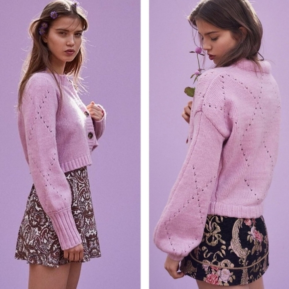 FOR LOVE AND LEMONS MIA LAVENDER POINTELLE CARDIGAN SWEATER - Picture 1 of 8
